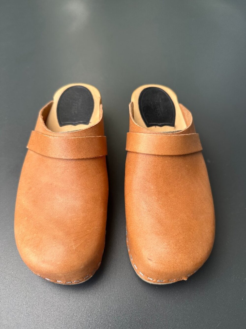 Swedish Hasbeens Cognac Leather Slip-On Clogs